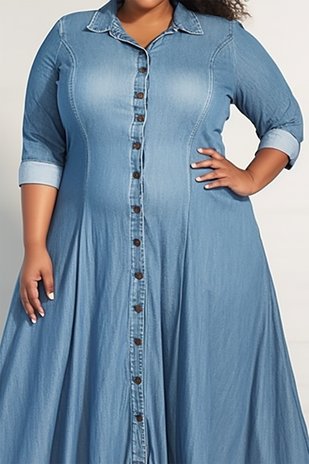 Design Plus Size Daily Light Blue Shirt Collar Long Sleeve Button Maxi Dresses [Pre-Order]