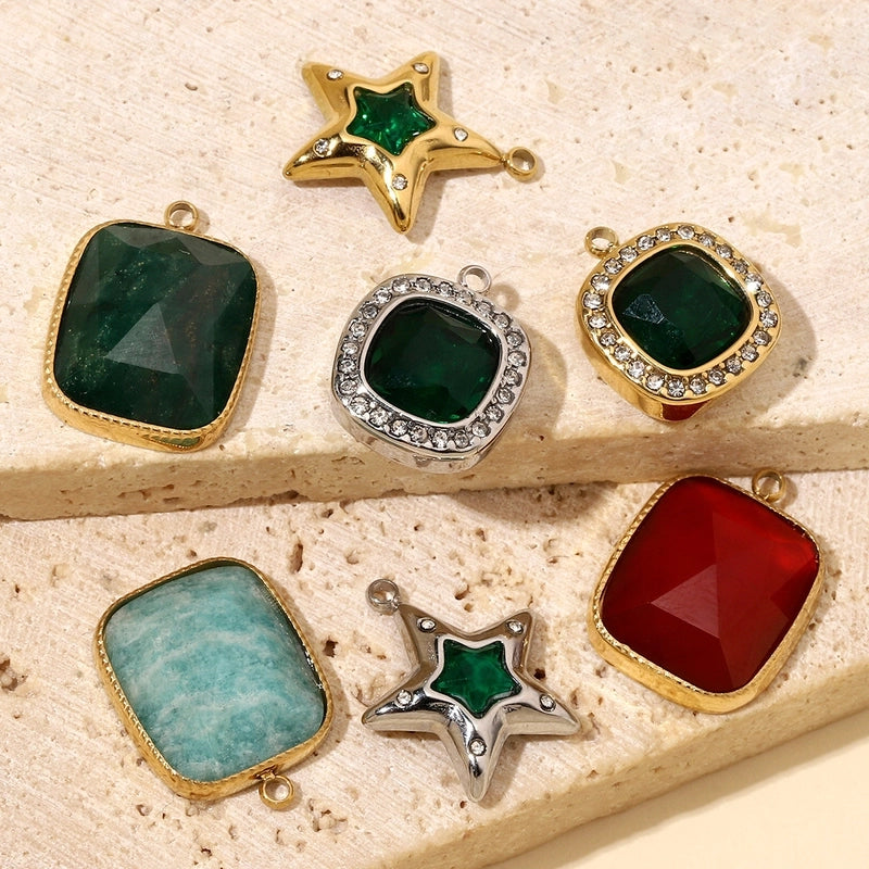 3 PCS/Package 13 * 15mm 14*18MM 15*17mm Titanium Steel Natural Stone Rhinestones Zircon Pentagram Square Pendant Jewelry Accessories