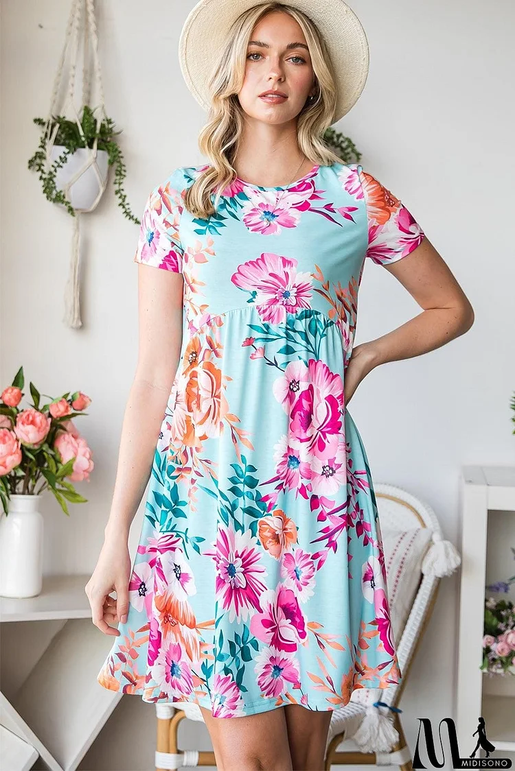 Floral Round Neck Short Sleeve Mini Dress