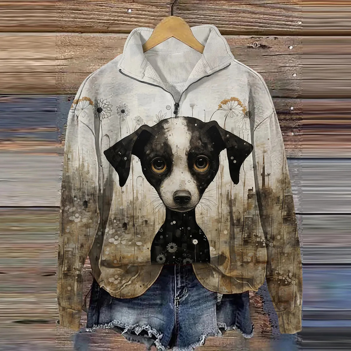 Women Retro Ink Color Dog Print Casual Zipper Sweatshirt
