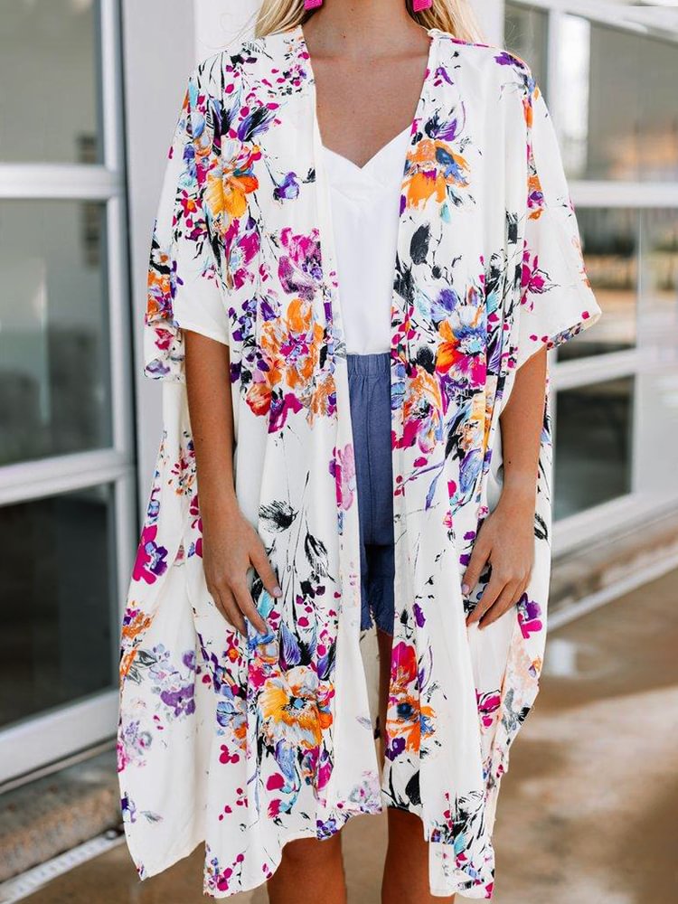 Plus Size Casual Printed Kimono Jacket P179199393