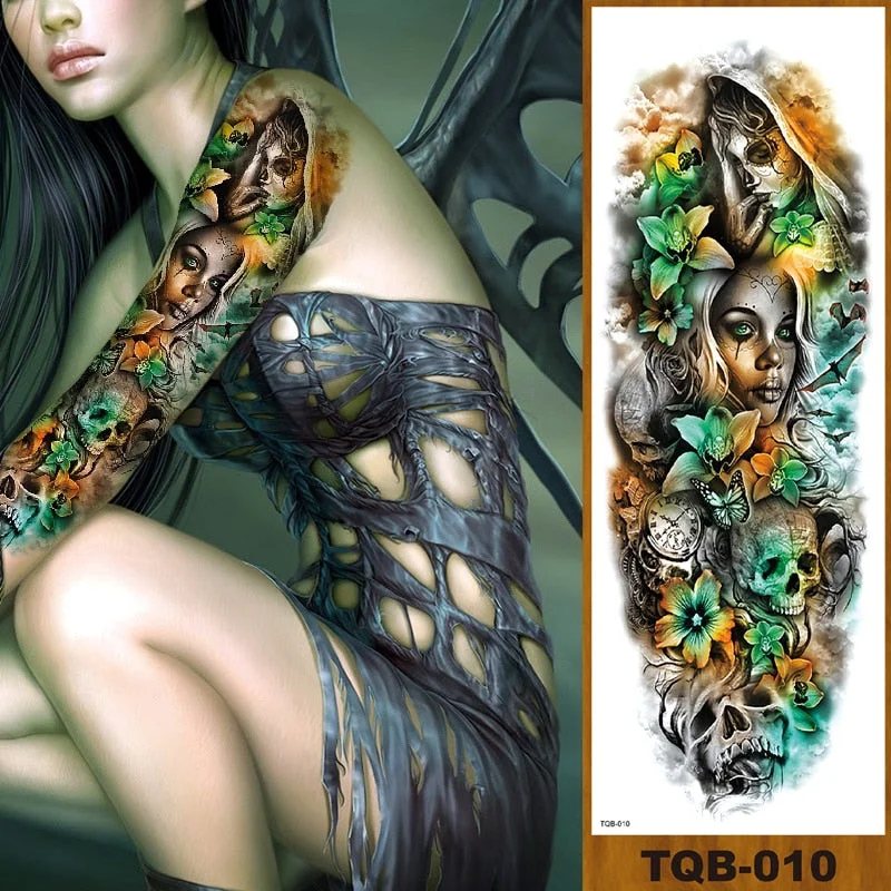 Full Flower Arm Temporary Tattoo Sticker Man Woman Body Leg Fake Tatoo Skull Night Demon Grim Reaper Good and Evil Waterproof