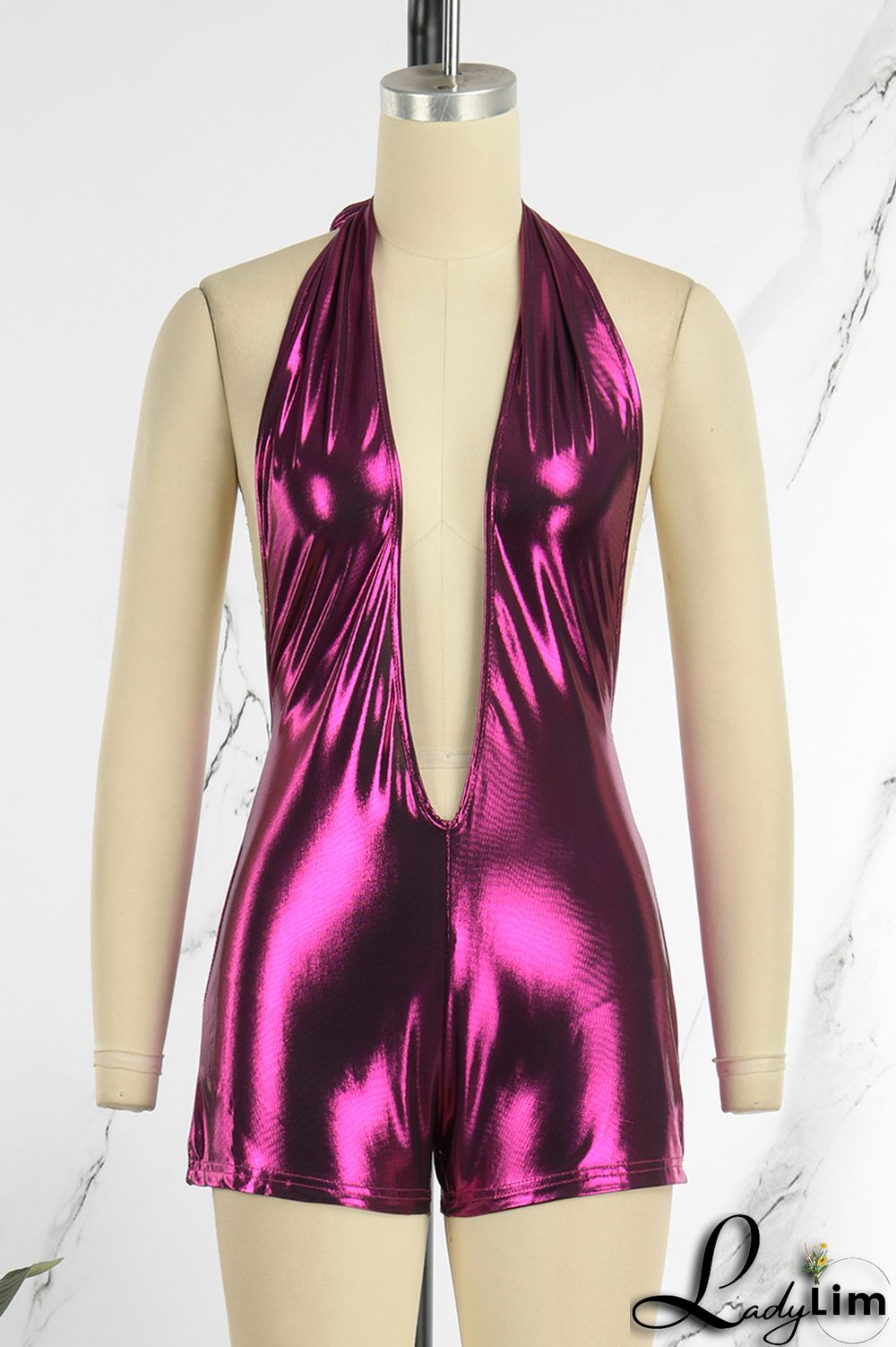 Fuchsia Sexy Solid Patchwork Backless Halter Skinny Jumpsuits