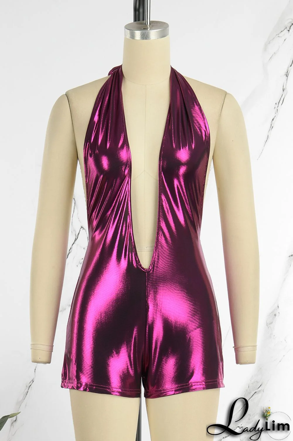 Fuchsia Sexy Solid Patchwork Backless Halter Skinny Jumpsuits