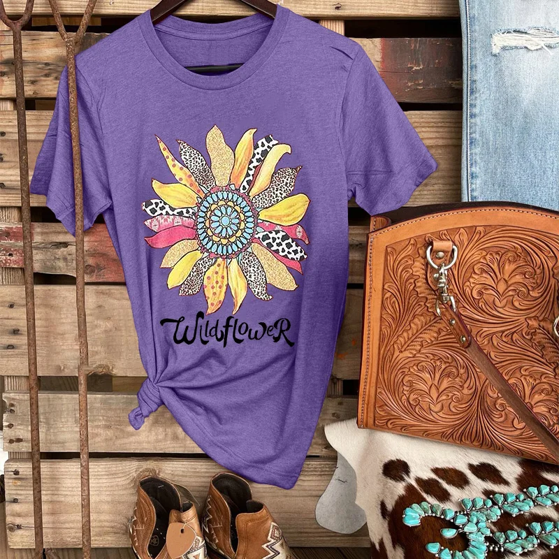 Vintage Sunflower Letters Casual Western Graphic Tees
