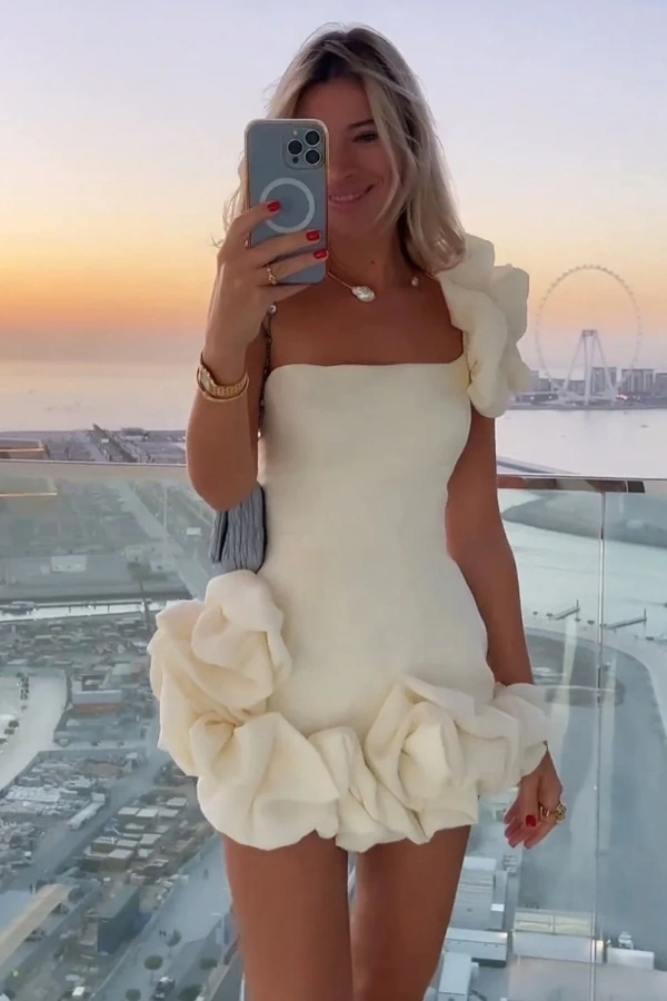 Ovlias White One-Shoulder Straight Across Homecoming Dress A-Line with Flower CH0029