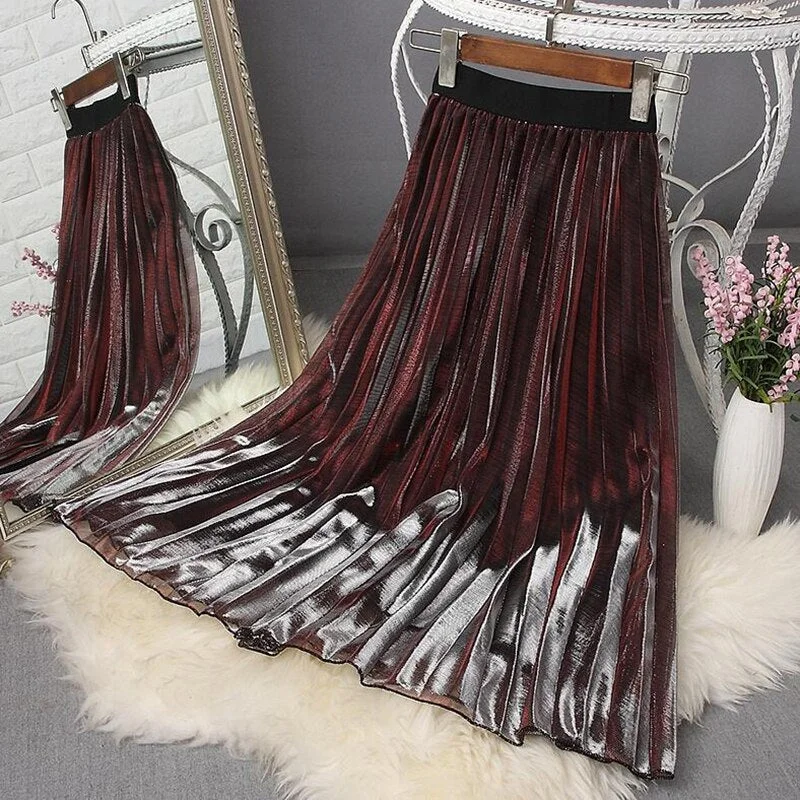 2020 Spring Summer Vintage Gradient Tulle Skirts Womens High Waist A-Line Mesh Pleated Skirt Elegant Mid-Long Party Skirt