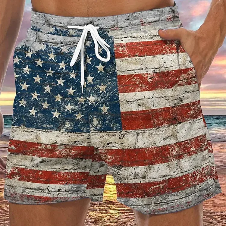 Men's Beach Flag Pattern Drawstring Slant Pocket Shorts
