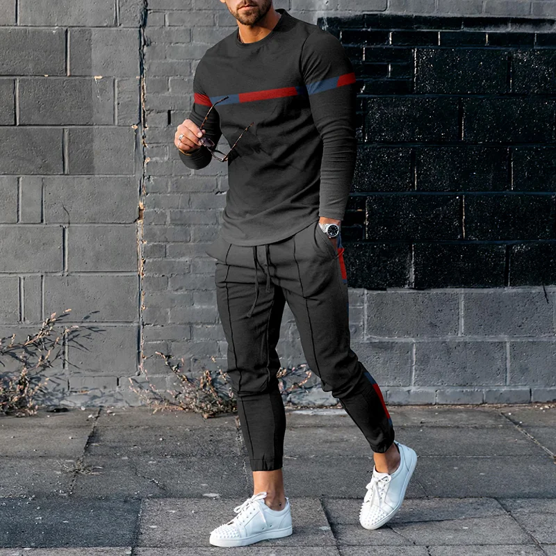 Black And Gray Gradient Color Contrast Line Long Sleeve T-Shirt And Pants Co-Ord