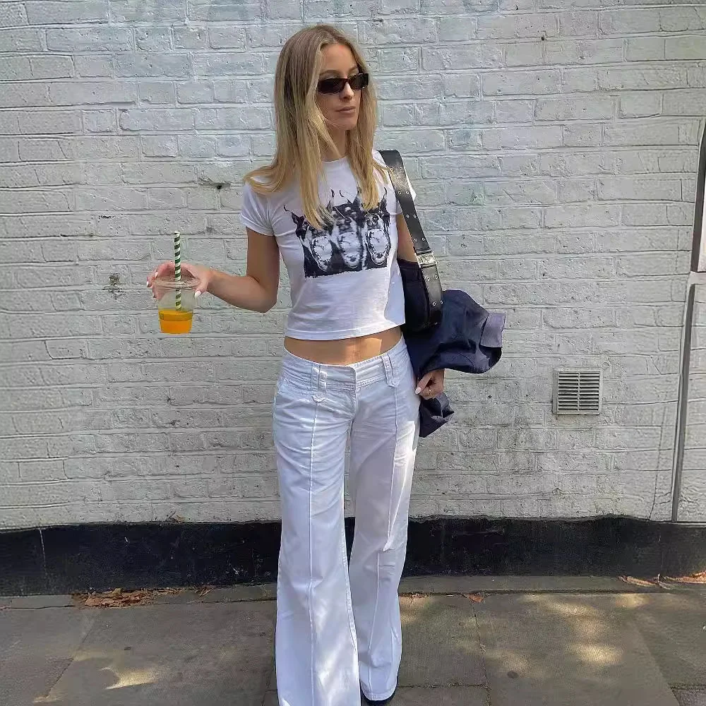 Uveng Uveng Print Slim T-Shirt Female Summer INS Hot Girls Slim Crop New Style