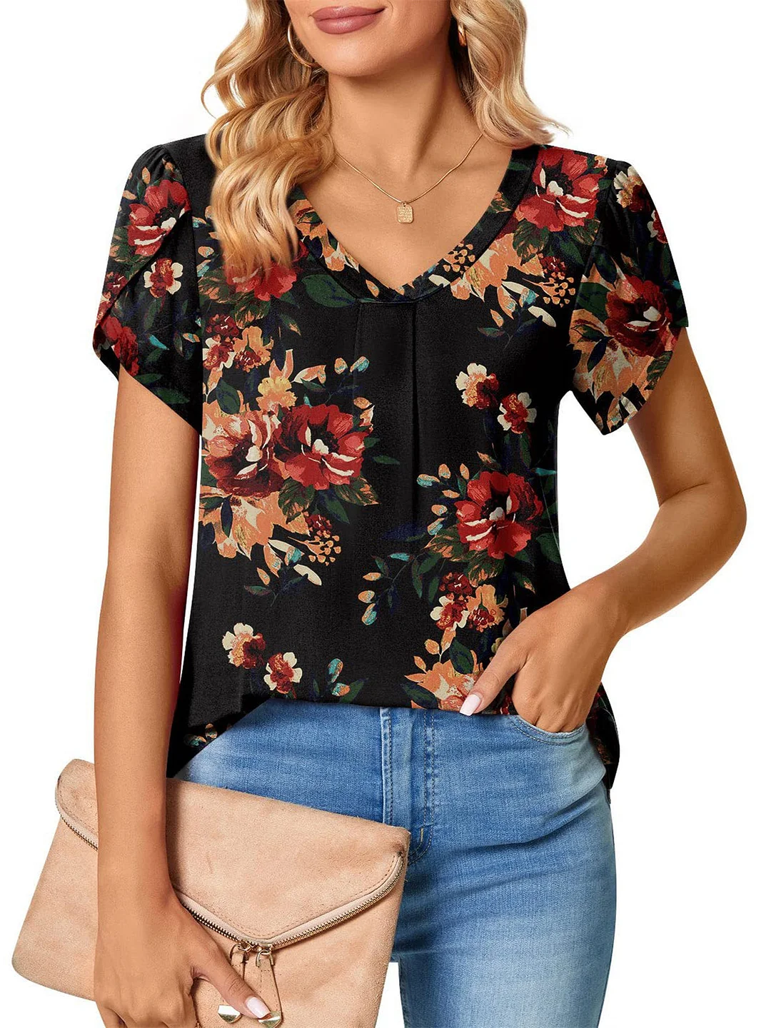Women's Short Sleeve V-neck Floral Printed Graphic Tops