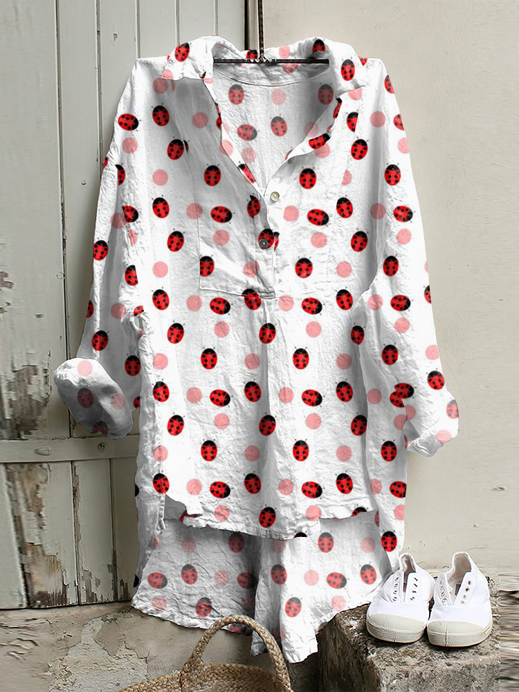Comstylish Ladybug Printed Long Sleeve Casual Shirt