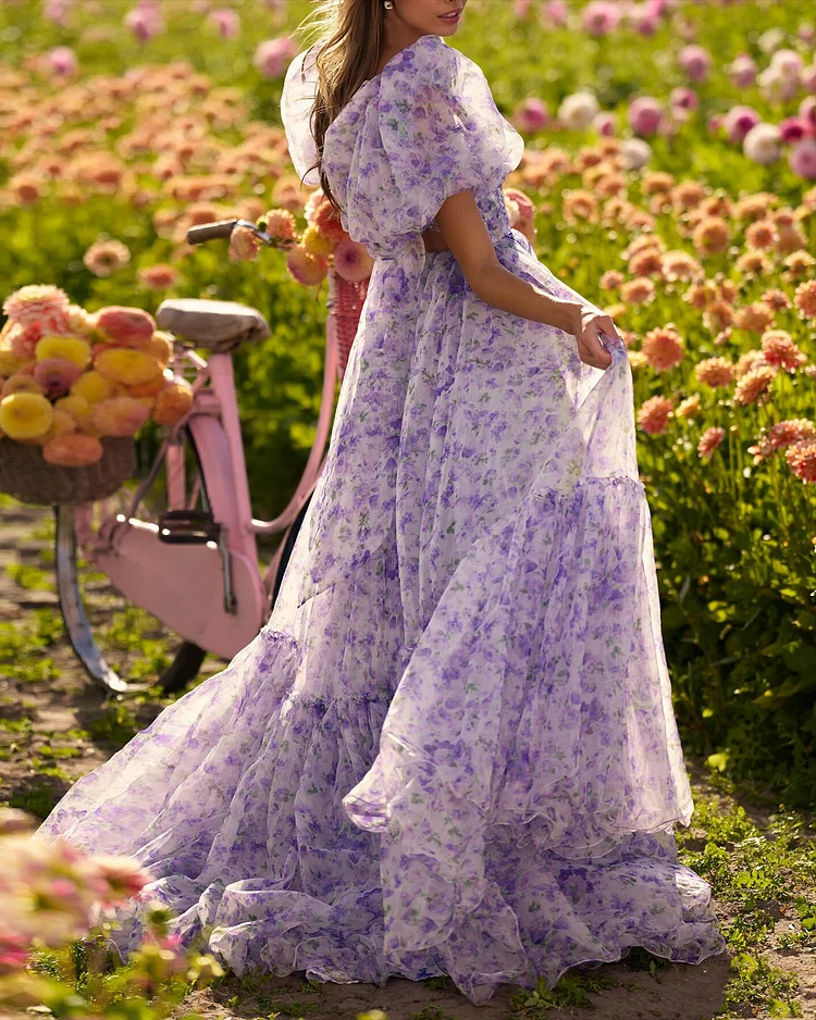 Women' Balloon Sleeve Chiffon Print Dress