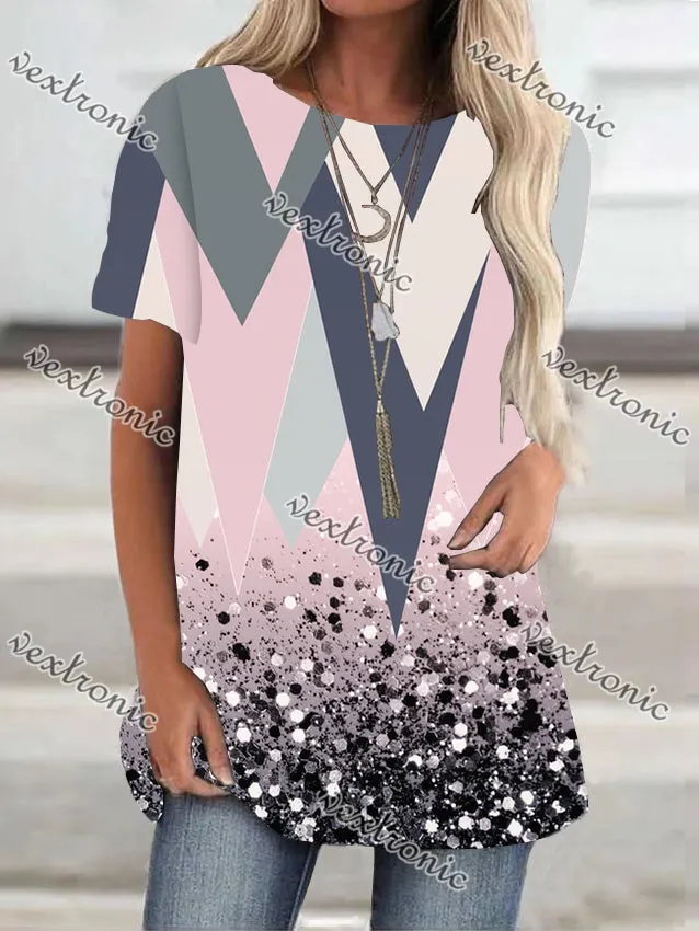 Women Short Sleeve Scoop Neck Geometric Polka Dot Top