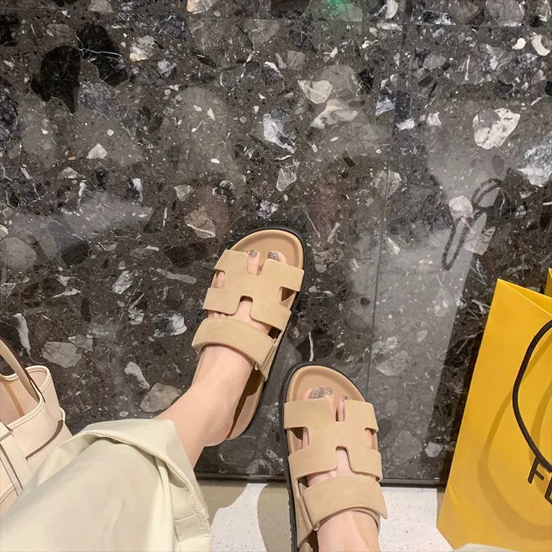 Women's H-Slippers Summer Outerwear Thick Soled Fashion Velcro Beach Shoes-vocosishoes