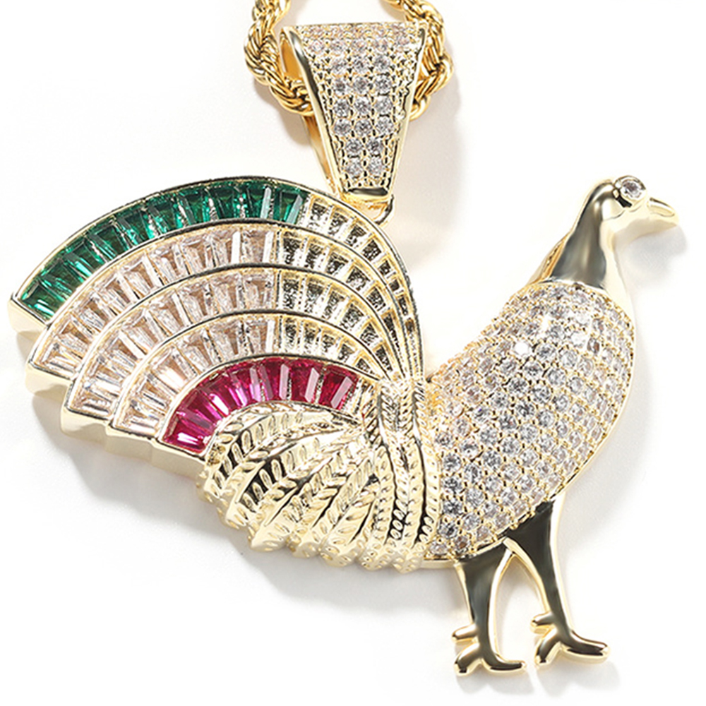 Rooster Colorful CZ Stone Iced Out Bling Gold/Silver Pendants