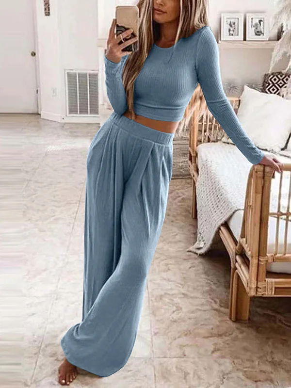 Solid Color Plus Size Round-Neck Long Sleeves Shirts Top + Pants Bottom Two Pieces Set