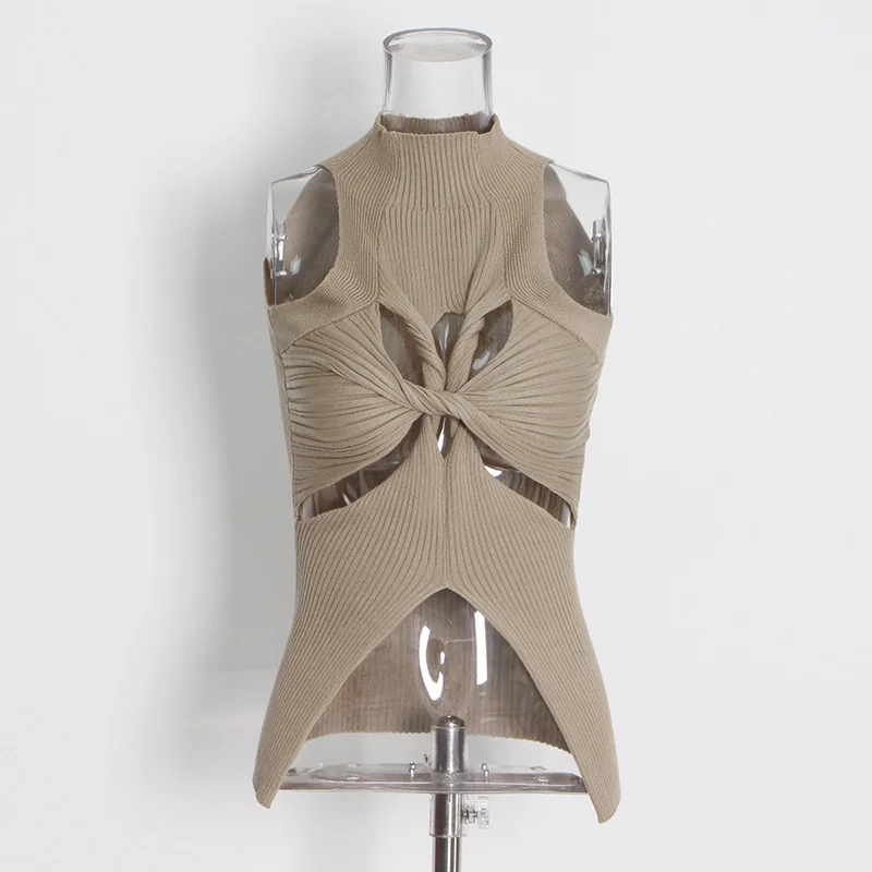 Woherb Woherb Hot Girl Hipster Wind 2024 New Standing Collar Sleeveless Personality Hollow Out Design Slim Irregular Vest-Outfit Ideas