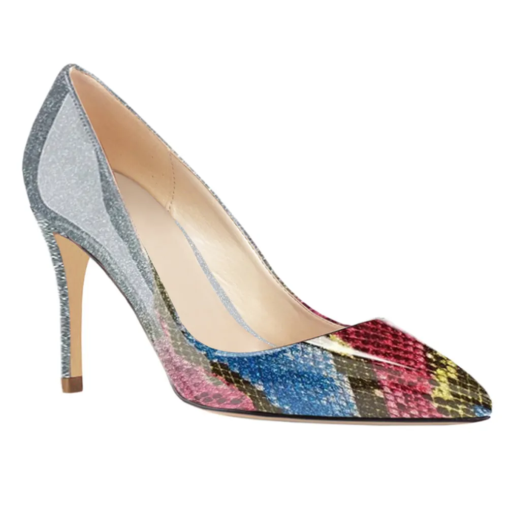 90mm Middle Heels Pointy Toe Pumps Multicoloured Gradient Color Patent-vocosishoes