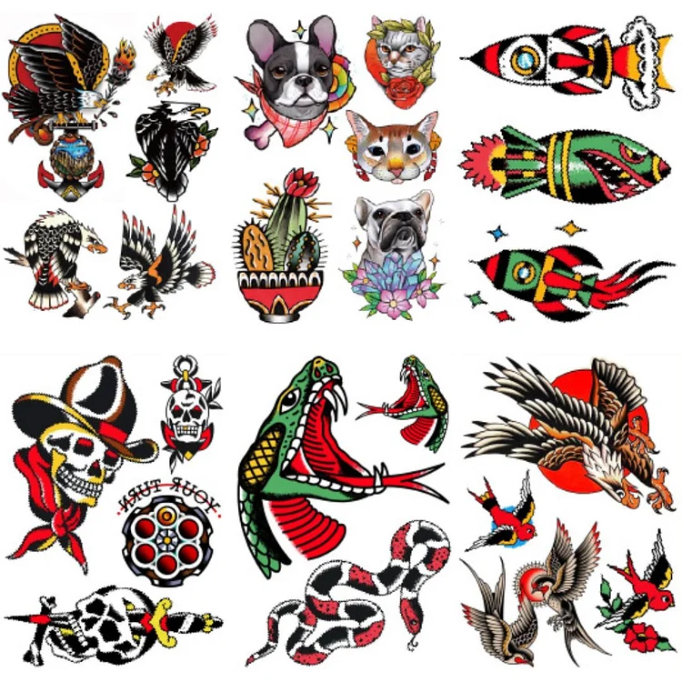 6 Sheets Old School Eagle Dog Roket Snake Colorful Temporary Tattoos