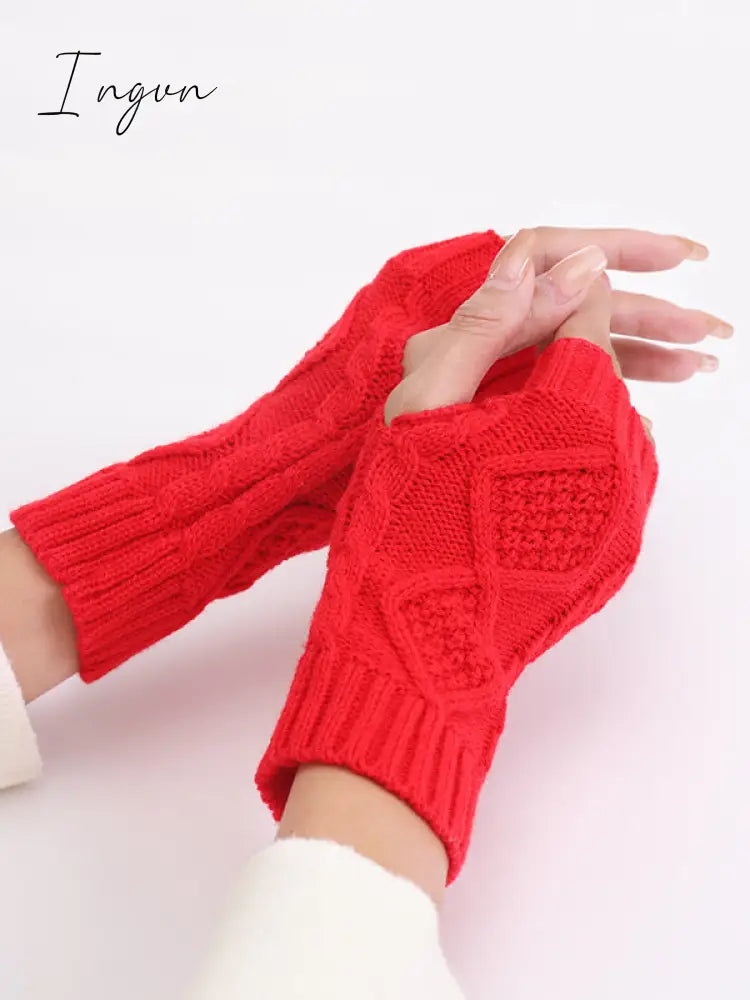 Ingvn - Simple 9 Colors Jacquard Knitting Gloves Red / Free Size Warmers