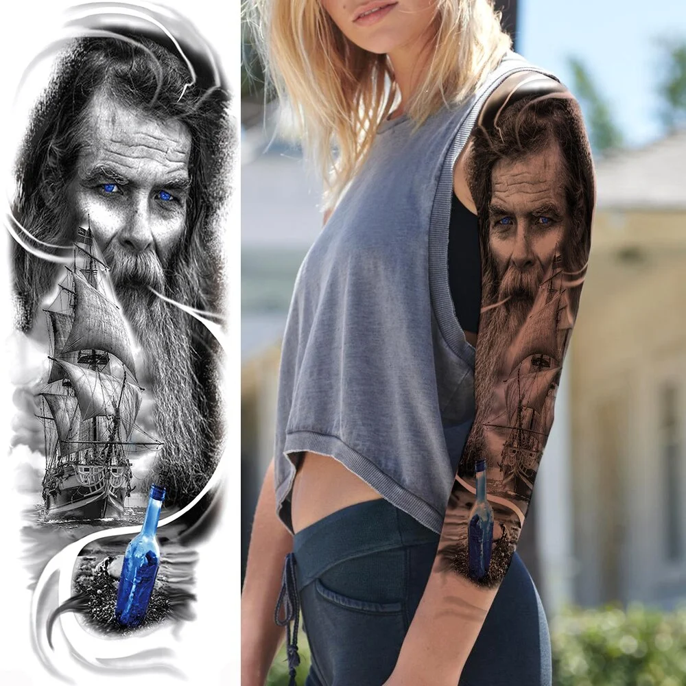 Sdrawing Temporary Tattoos Sleeve For Men Women Skeleton King Warrior Full Arm Tattoos Sticker War Black Fake Tatoos Long Sleeve