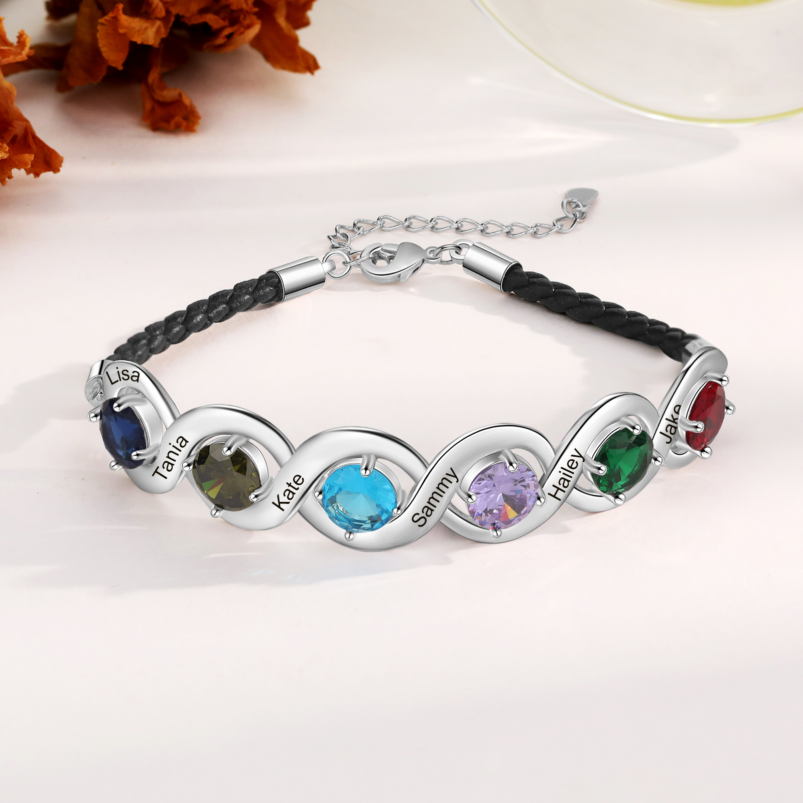 Braccialetto infinito personalizzato con 6 nomi e 6 pietre di nascita regalo per donna
