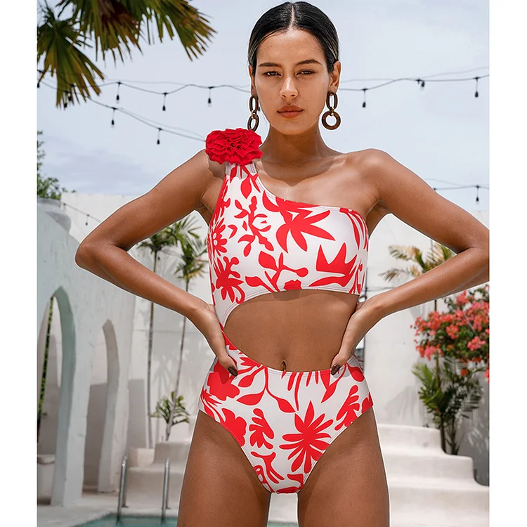 One Shoulder 3D Flower Cut Out Printed One Piece Swimsuit and Skirt