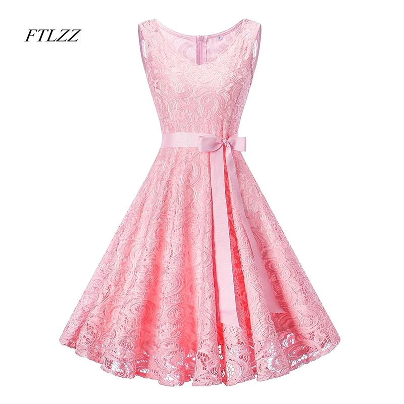 FTLZZ Summer Dress Women Vintage V neck Sleeveless Belt Tunic Floral Lace Patchwork Hollow Out Medium Long Dresses