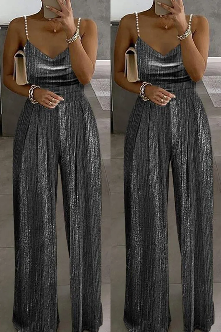 Casual Solid Backless Spaghetti Strap Regular Jumpsuits