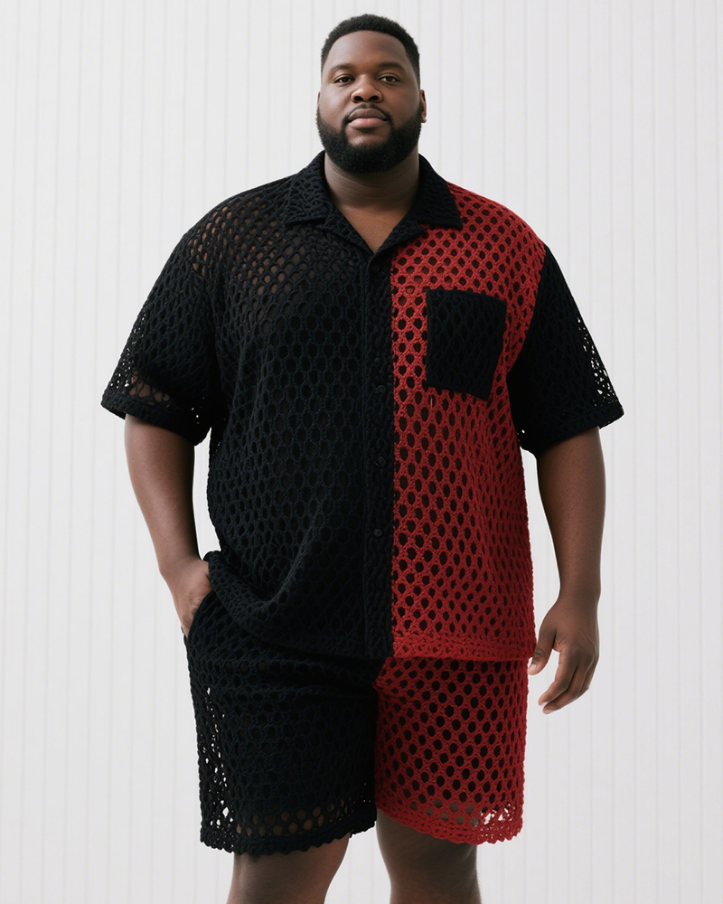 Men's Plus Size Black And Red Color Block Pocket Knitted Shirt Shorts Suit