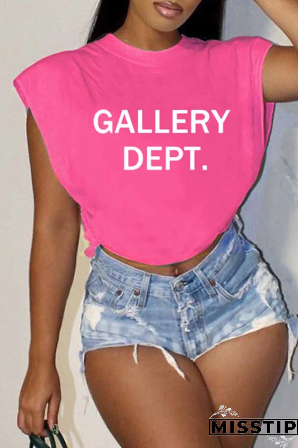 Rose Red Casual Street Print Letter O Neck T-Shirts