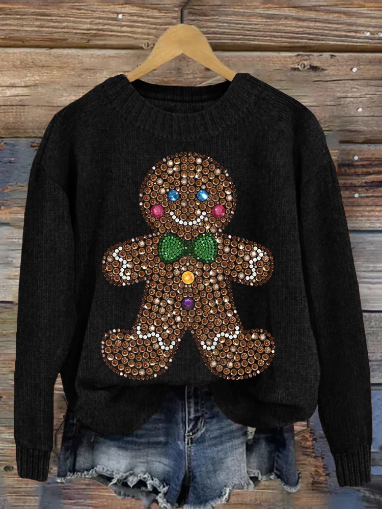 VChics Rhinestone Gingerbread Man Art Christmas Cozy Sweater