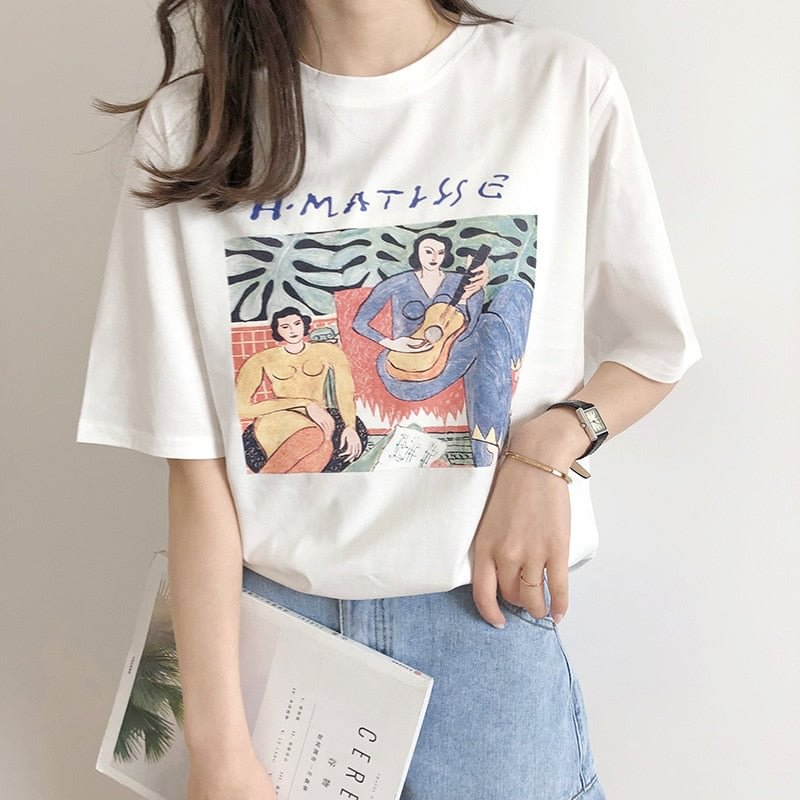 Bornladies Oil Painting Print T-shirt Women Short Sleeve Loose 100% Cotton Shirt 2022 Female Basic Tops Summer Ladies Tees femme