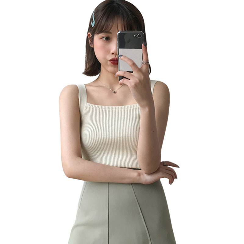 Sexy Women's Camis Square Collar Solid Sleeveless Pullover Knitted Crop Tank Top