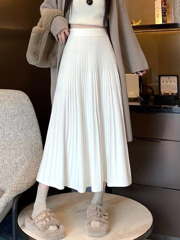 Ueong Ueong And Winter Loose Cover Meat Show Thin White Knit Skirt Female Pleated Skirt Lazy Casual Long Skirt Big Skirt