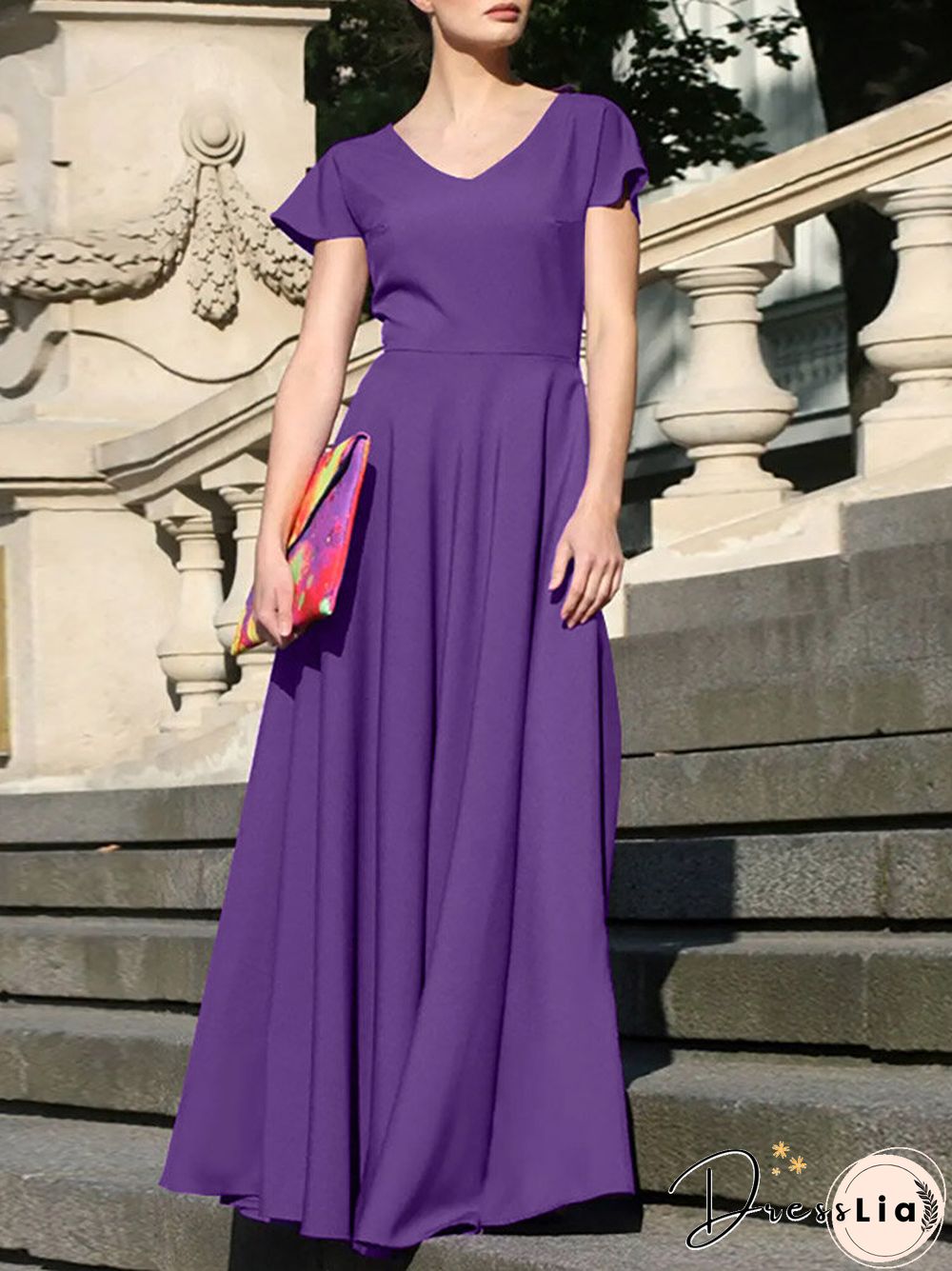 Women Solid Cap Sleeve V-neck Swing Maxi Dress