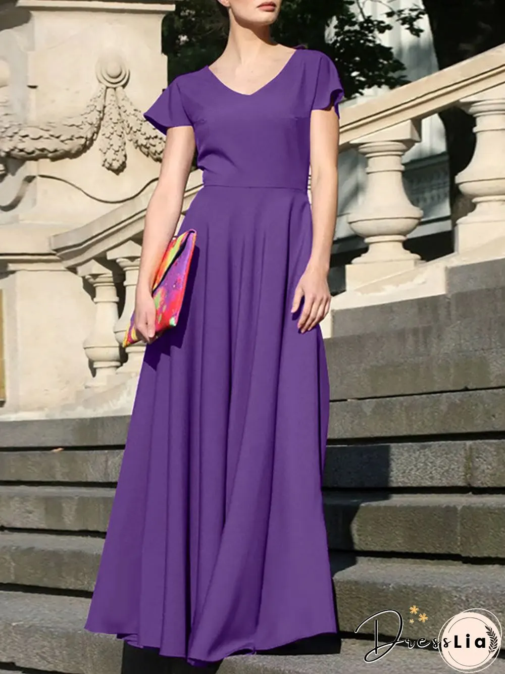 Women Solid Cap Sleeve V-neck Swing Maxi Dress