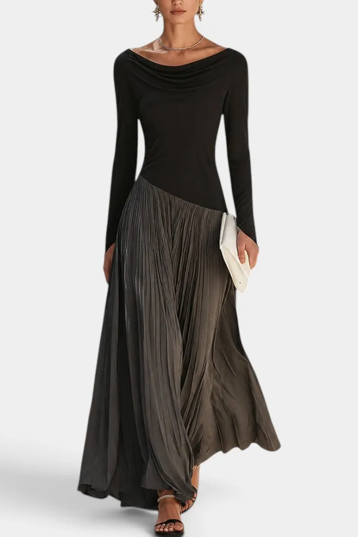 Draped Neckline Maxi Dress with Asymmetric Pleated Skirt