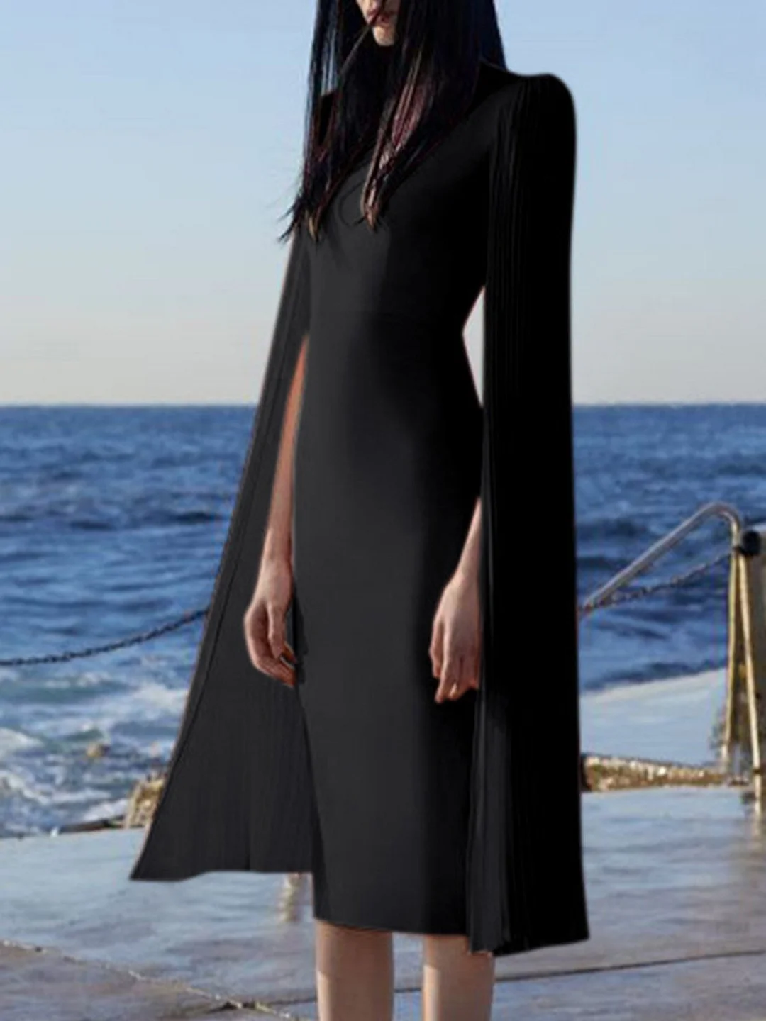 Pleated Cape Sleeve Bodycon Elegant Midi Dress