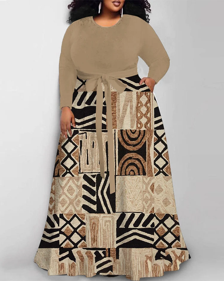 Ethnic Texture Print Long Sleeve Round Neck Maxi Dress