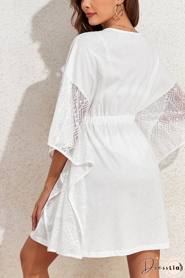 White Lace Patch Kimono Sleeve Tassel Drawstring Beach Cover Up