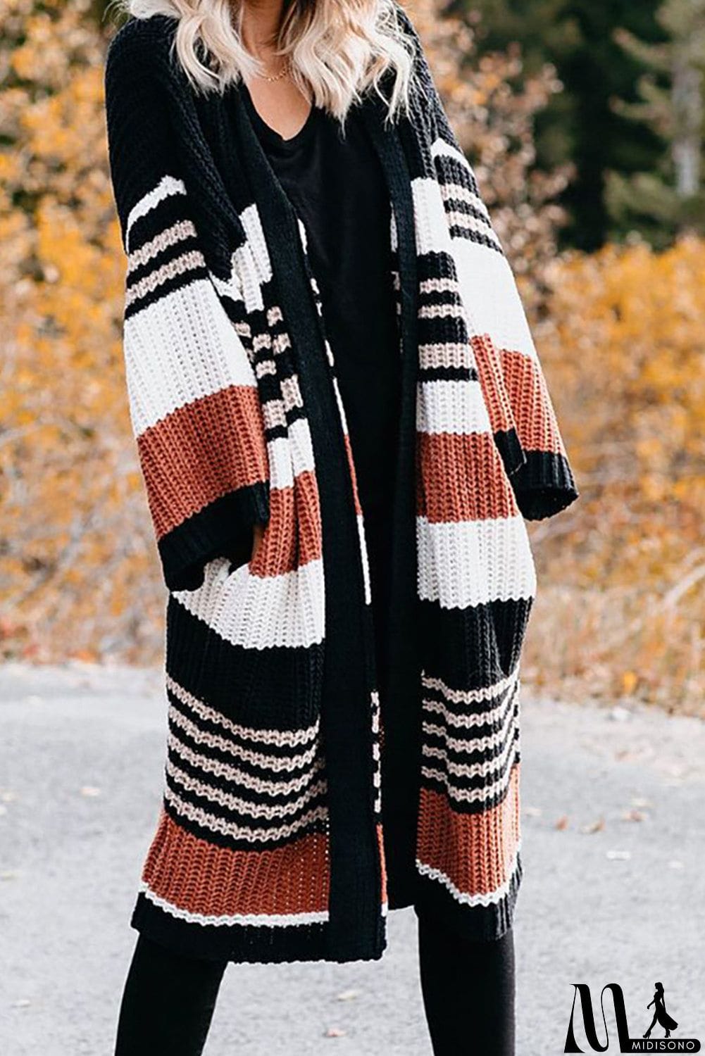 MidiSono - Pocketed Novelty Striped Chenille Cardigan