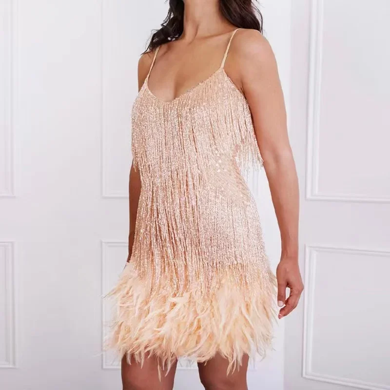Women's Tassel Sequins Feather Stitching Shining Evening Party Mini Dress