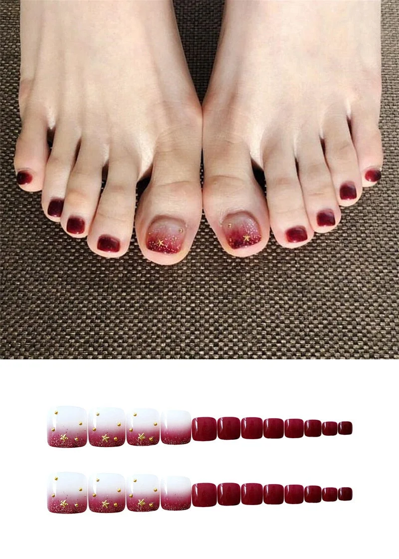 24pcs Red Gradient Transparent False Toenails 3D Star DIY Design Decorative Nail Tips Press on Foot Nails French Manicure