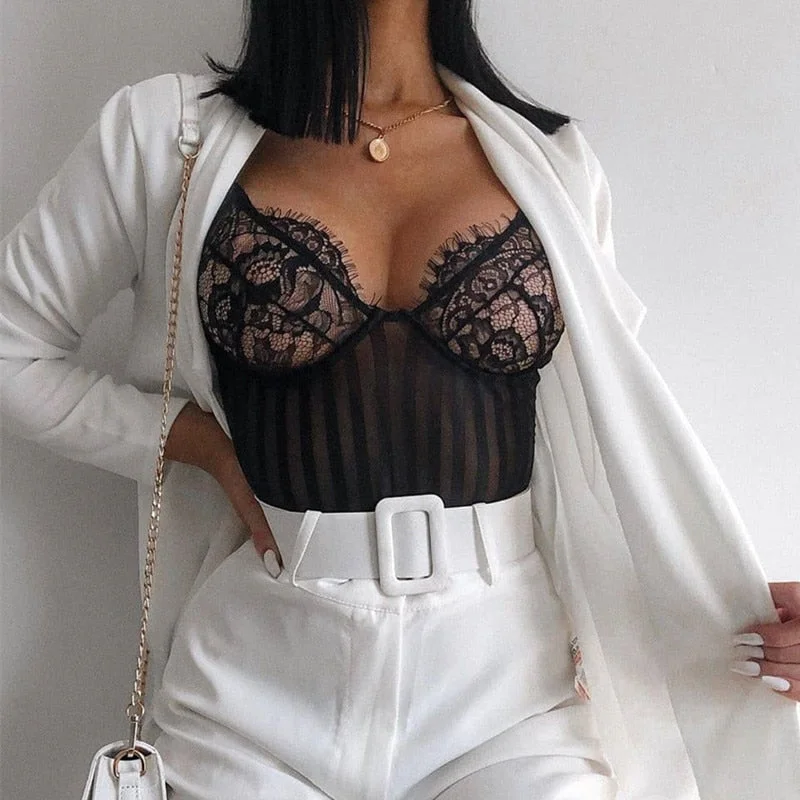 Lace Bodysuit Women Floral Embroidery Perspective Sexy Bodysuit 2020 Ladies Skinny Summer Overalls Body Femme