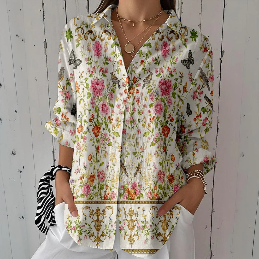 Style & Comfort for Mature Women Women Floral, Pink, Green DZCL0181 3/4 Sleeve Shirt Collar Printed Button Tops