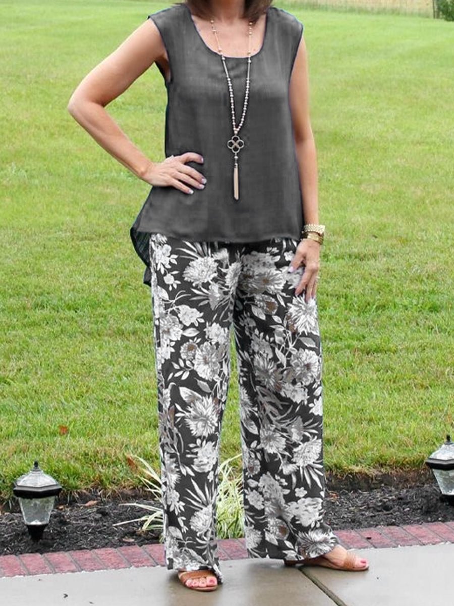 Crew Neck Vest And Printed Pants Two-Piece Set