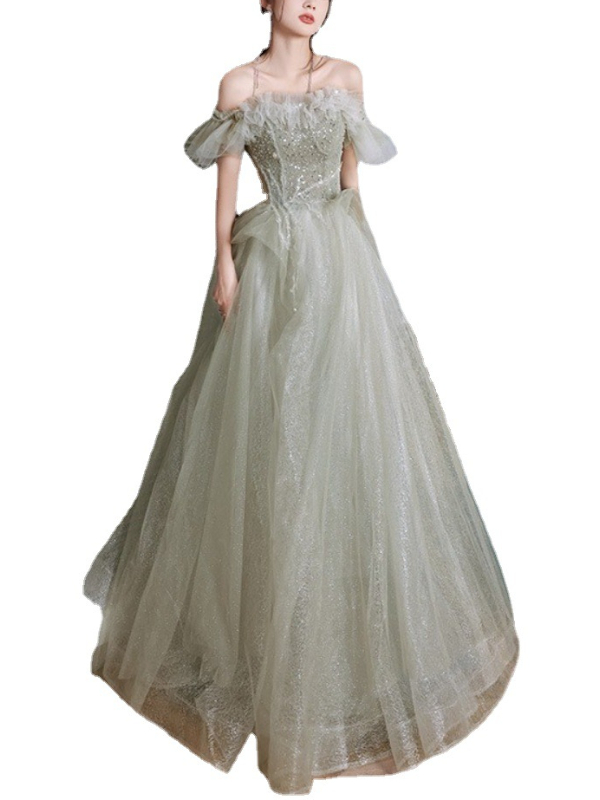 Elegant Mesh Bandaged Off Shoulder Boat Neck A-line Maxi Dress