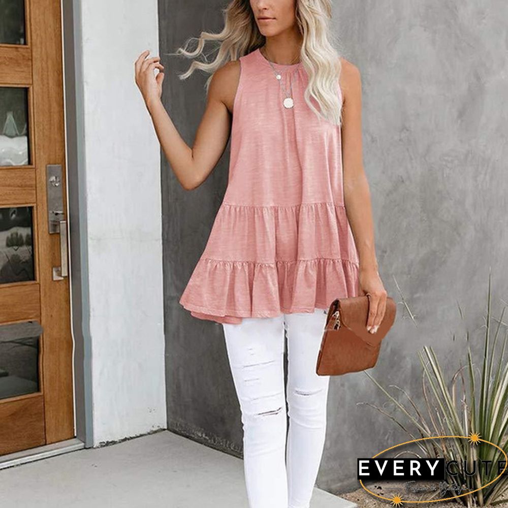 Women Fashion Spring Summer Sleeveless Loose Solid Color Splicing T-shirt topss